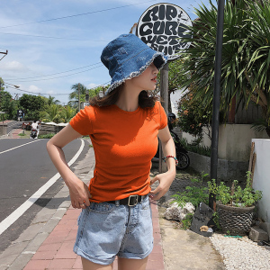 橙色t恤女夏短袖纯色修身半袖体恤衫高级感白色打底内搭紧身上衣