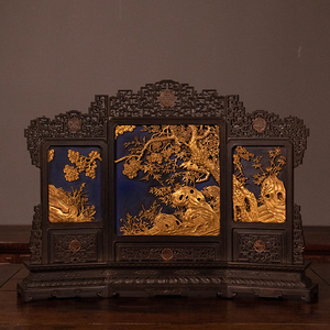清代紫檀镶漆地描金松竹梅三友图三扇座屏摆件摆件文玩收藏屏风