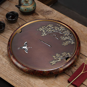 京也纯黄铜手彩茶盘圆形家用干泡茶台简约储水式现代轻奢茶海托盘