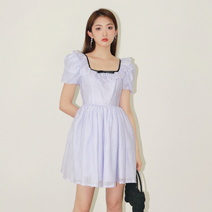 thug rose白色丁香紫方形领泡泡袖连衣裙a摆连身裙春夏新款设计师