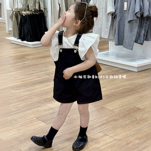 女童韩版背带裤潮女童黑色棉布背带短裤飞袖娃娃衫两件套洋气套装