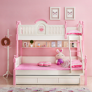全实木儿童高低床子母床上下床女孩公主床少女梦幻城堡粉色双层床