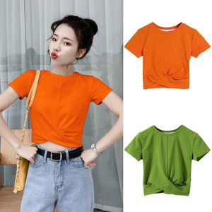 橙色短袖t恤女夏小个子网红高腰小众设计感紧身露脐短款上衣ins潮