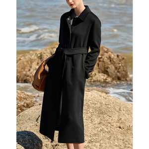 黑色水波纹双面纯山羊绒大衣女中长款西装领款高端羊毛呢外套