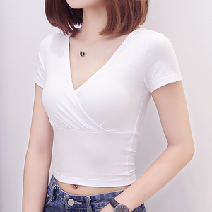 潮牌小心机露脐上衣高腰交叉v领性感深v低领短袖t恤短款夜店女装