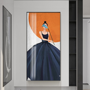 现代玄关装饰画走廊过道挂画晶瓷女人落地画轻奢性感人物橙色壁画