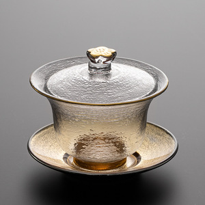 水晶玻璃三才盖碗描金锤纹泡茶器茶杯家用功夫茶具配件加厚不烫手