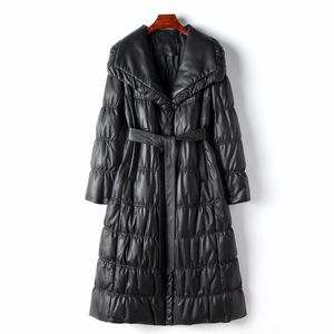 冬季新款女式绵羊皮长款大衣2023海宁90白鹅绒皮羽绒外套
