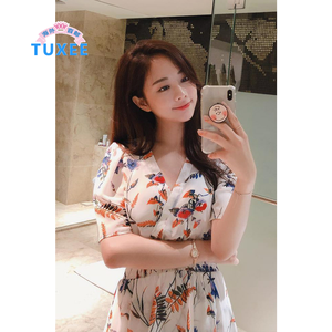 正品tuxee吴英珠明星同款2020夏季新款法国小众长裙v领碎花连衣裙