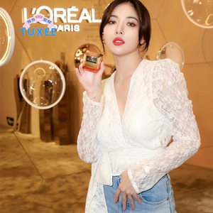 正品tuxee金泫雅同款白色v领蕾丝衫长袖系带收腰泡泡袖衬衫上衣