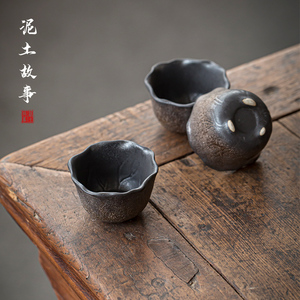 窑变鎏金小茶杯花瓣杯单杯日式复古手工功夫茶具粗陶陶瓷杯子单个