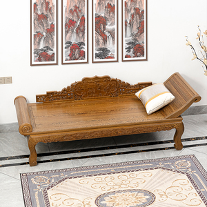 鸡翅木家具雕花中式实木贵妃床客厅原木罗汉床休息罗汉榻红木整装