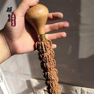 文玩核桃拐棍核桃雕刻拐杖麻麒麟纹官帽四座楼核桃手杖儿礼品收藏