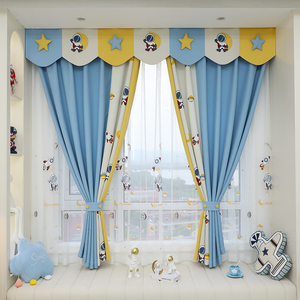 新款窗帘儿童房男孩卡通宇航员简约现代英伦环保遮光卧室飘窗短帘