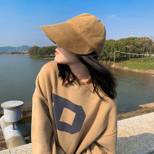可扎马尾帽子女春夏复古个性灯芯绒防晒显脸小渔夫帽旅游遮阳帽潮
