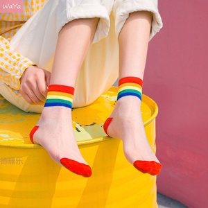 彩虹条纹袜女夏季薄款透明玻璃丝中筒袜ins潮网红学生水晶丝袜春