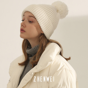 帽子女冬纯白色保暖毛球针织帽韩版加绒毛线帽球球