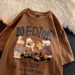 咖啡色小熊涂鸦t恤女夏季薄款重磅棕色短袖正肩小领口情侣6七分袖