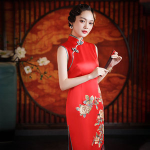 品尚华服红色真丝刺绣旗袍手工定做结婚礼服婚宴新娘绣花旗袍裙