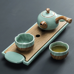 汝窑一壶两杯2人陶瓷茶盘简易家用小型办公茶具套装侧把茶壶礼盒