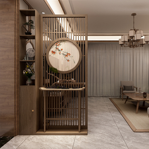 新中式客厅屏风隔断置物架实木玄关桌茶室酒店入户高端镂空定制