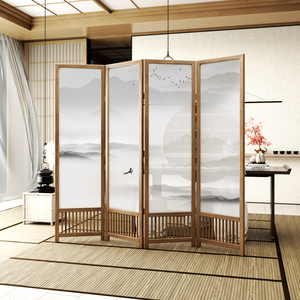 新中式山水屏风折叠移动隔断客厅办公室茶室玄关简易实木禅意屏障