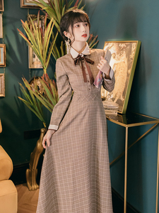 复古民国风女装英伦风长裙学生格子裙小洋装文艺少女收腰显瘦减龄