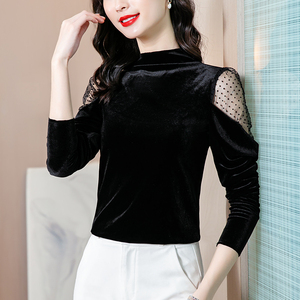金丝绒打底衫女2021秋季新款韩版时尚露肩小衫半高领百搭长袖上衣