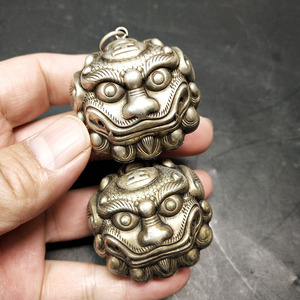 清代银器狮子头铃铛一对纯手工会响牛马古玩杂项收藏品捡漏古董