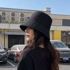 黑色旅游帽子女渔夫帽夏季太阳防晒遮阳薄款水桶盆帽深顶时尚潮酷