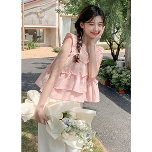 小个子粉色娃娃衫无袖上衣女夏季新款韩系ins甜美设计感小众背心