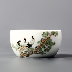 景德镇粉彩手绘松鹤延年主人杯白瓷茶杯单杯高端功夫茶杯盏品茗杯