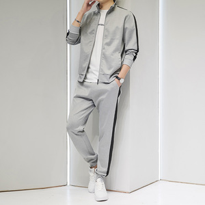 休闲运动服套装男秋季新款立领卫衣外套晨跑健身一套灰色衣服男装