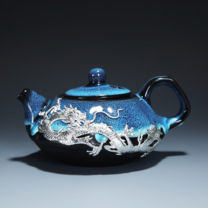 窑变天目釉茶壶功夫茶具单壶曜变银饰茶壶陶瓷家用日式鎏银泡茶壶