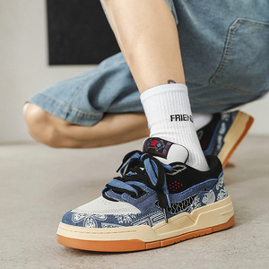 日系复古国潮男鞋秋季厚底增高牛仔丹宁腰果花板鞋小众原创设计感