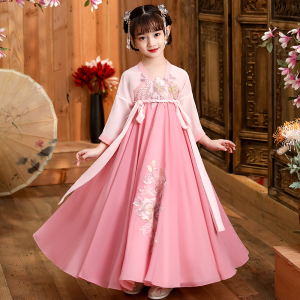 女童汉服秋装儿童古装连衣裙襦裙超仙女轻纱中国风中大童唐装粉色