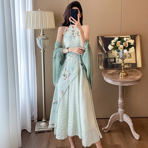 新中式禅意套装女士初夏流行穿搭绿色旗袍连衣裙+防晒开衫两件套