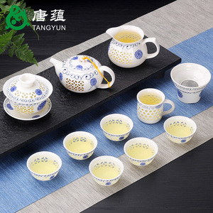 青花瓷蜂窝镂空玲珑整套陶瓷功夫泡茶壶茶杯茶海茶具套装家用白瓷