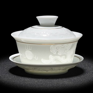羊脂玉白瓷三才盖碗单个茶杯大号功夫茶具陶瓷家用泡茶碗盏青花瓷