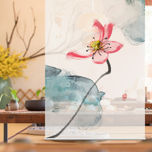 新中式荷花画窗帘卷帘半透明遮光隔断帘软屏风挂式客厅隔断帘玄关