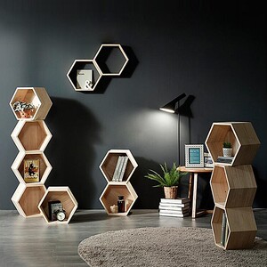书架落地挂壁原实木文化墙上六边形置物格架背景墙装饰创意展示柜