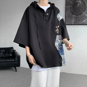 新中式国风男装t恤小熊拼接连帽短袖卫衣薄款工装七分袖夏季外套