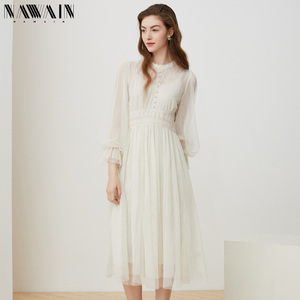 NAWain/纳纹2020春新款蕾丝网纱连衣裙假两件气质仙女