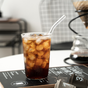 日式商用耐高温透明玻璃咖啡杯ins风420ml饮品饮料杯冻饮水杯圆形