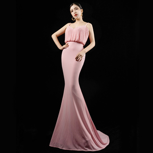 国际走秀定制款宴会吊带修身鱼尾包臀拖尾主持名媛气质晚礼服长裙