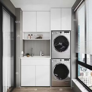 定制阳台太空铝洗衣柜洗衣机烘干机叠放双机柜带搓衣板一体洗衣柜