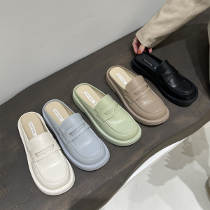 英伦风无后跟小皮鞋女外穿平底穆勒凉拖鞋新款百搭厚底包头半拖鞋