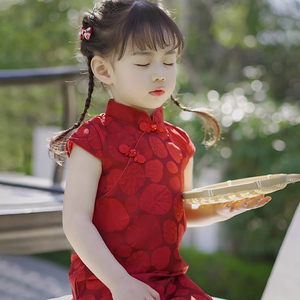 女童旗袍夏季改良版儿童汉服中国风红色喜庆小女孩宝宝宴会礼服裙