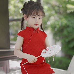 女童旗袍夏季中式民国古风改良宝宝红色礼服裙女孩儿童走秀演出服