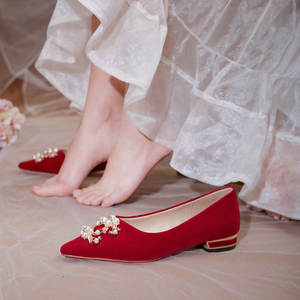 秀禾鞋婚鞋平底鞋女2020年新款新娘鞋冬天孕妇结婚红鞋子平跟大码